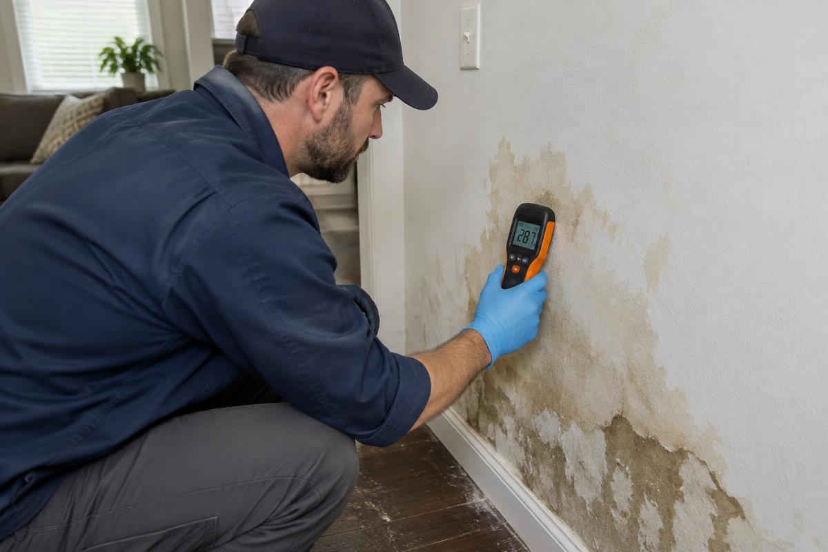Technician checking a water-stained wall with a moisture meter inside a Kitchener home