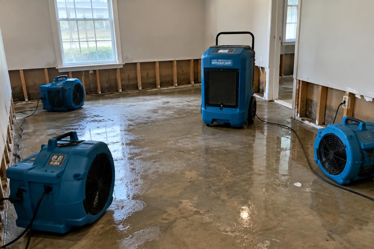 Air movers and a dehumidifier drying a room after water damage restoration in Kitchener